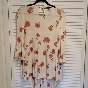 Floral ivory and pink trumpet sleeve blouse medium